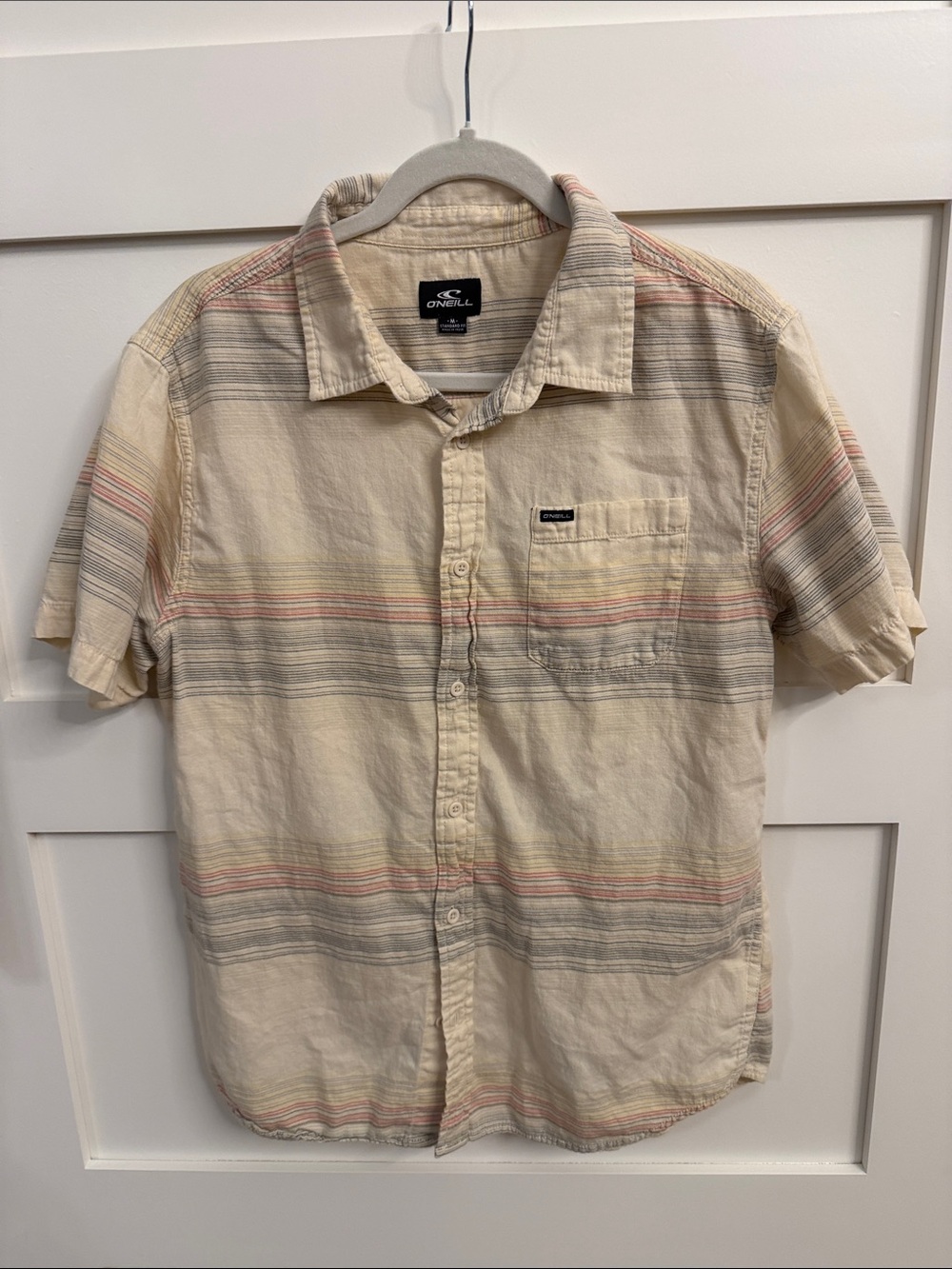 O'Neill Short-Sleeve Button-Up Shirt in Beige with Gray and Rust Stripes
